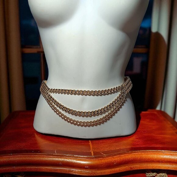 Stretch Belt Triple Gold Tone Curb Chain Waist Jewelry Heavy Club Style for 28\